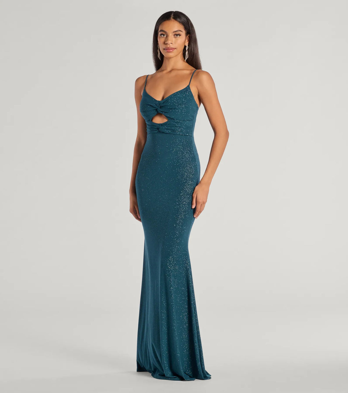 Della Glitter Knit Twist-Front Cutout Mermaid Dress