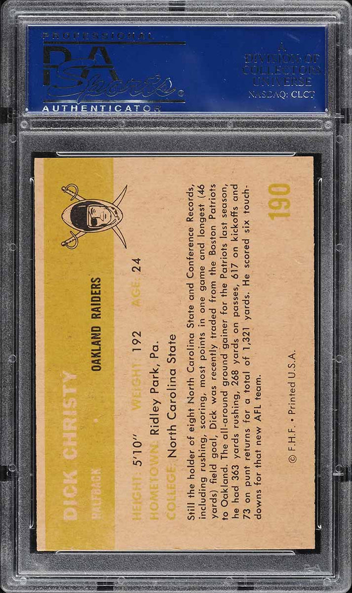 1961 Fleer FB Card #190 Dick Christy Oakland Raiders ROOKIE RC PSA 8 NM-MT (MGD2)