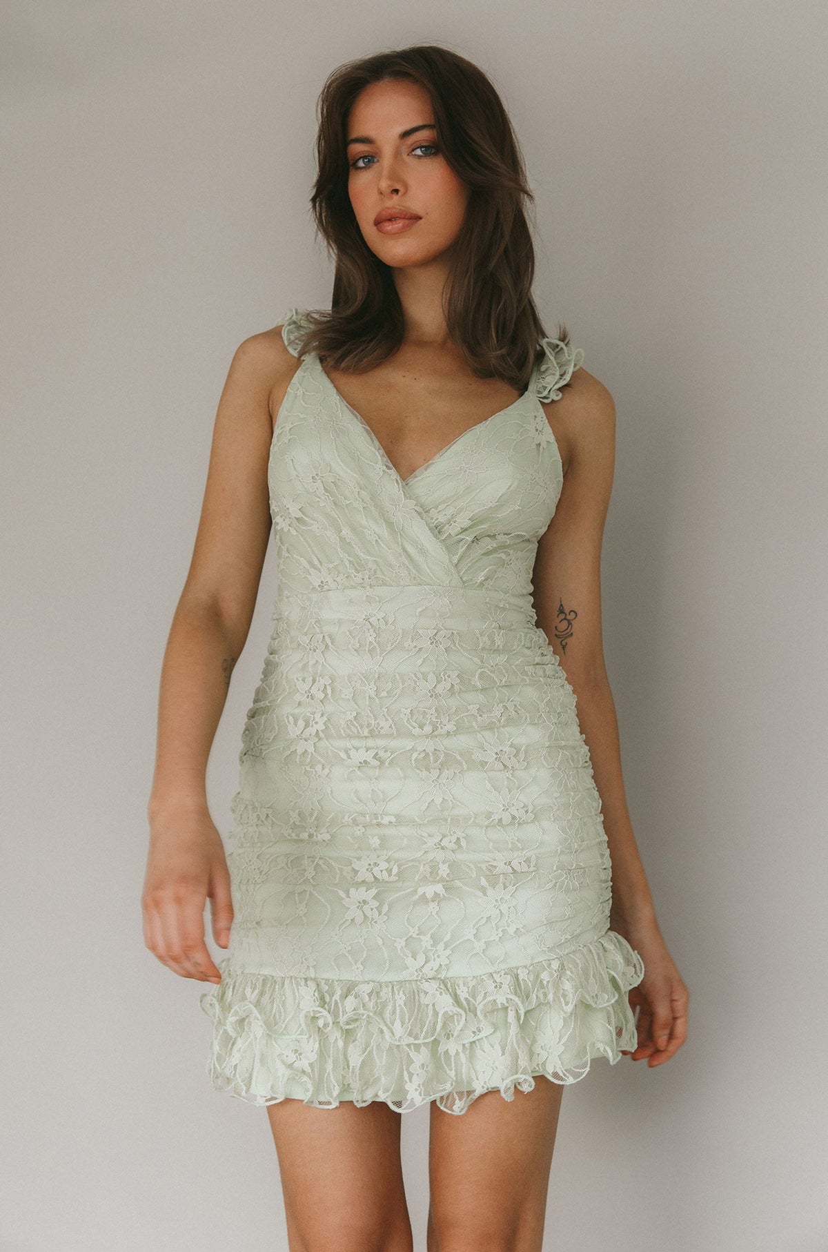 Kaley Ruched Side Layered Frill Hem Lace Mini Dress Sage