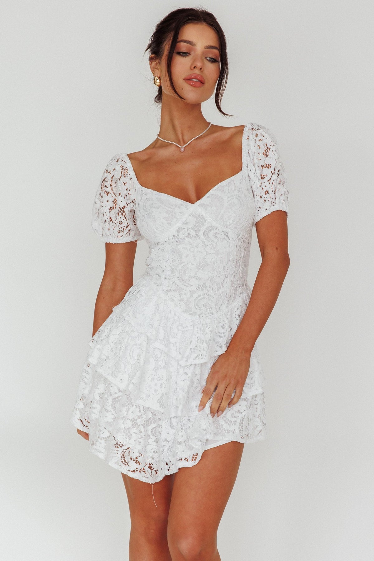 Tayah Tiered Lace Mini Dress Off White