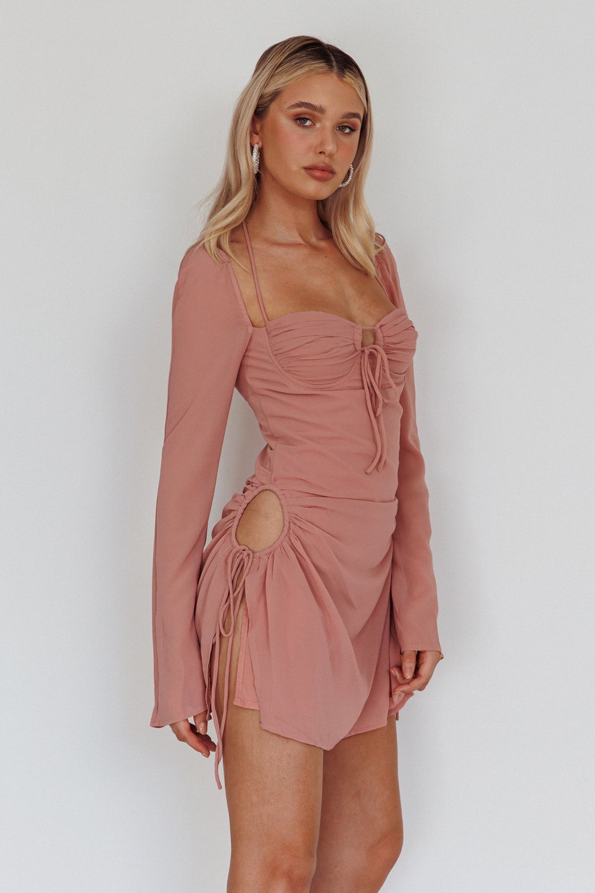 Etta Drawstring Long Sleeve Mini Dress Blush