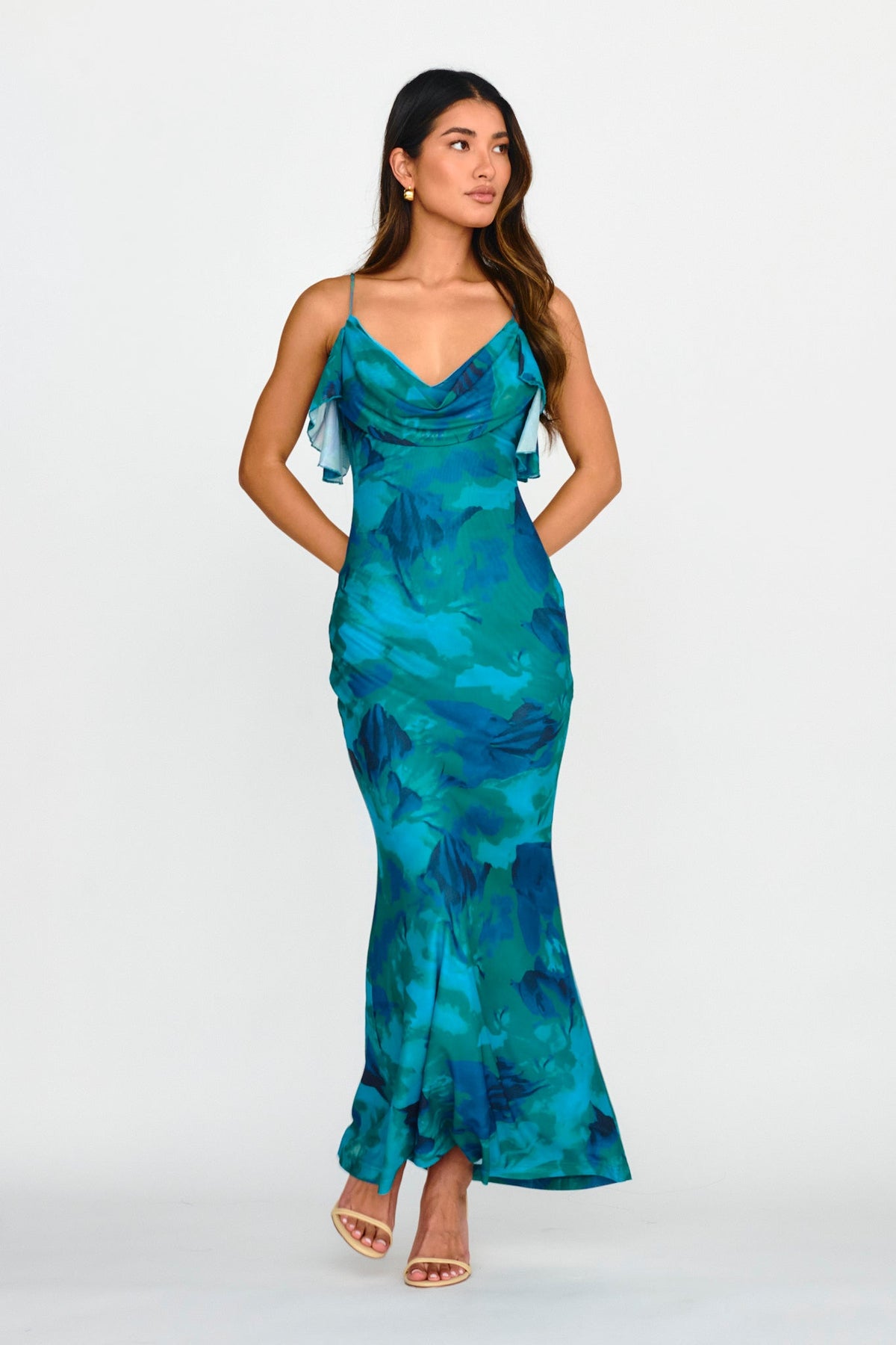 Jannie Draped Neckline Cami Dress Abstract Green