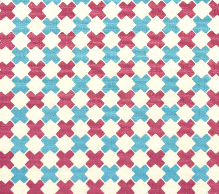 China Seas Fabric: Double Cross Multi - Custom Lilac / New Blue on White Belgian Linen / Cotton