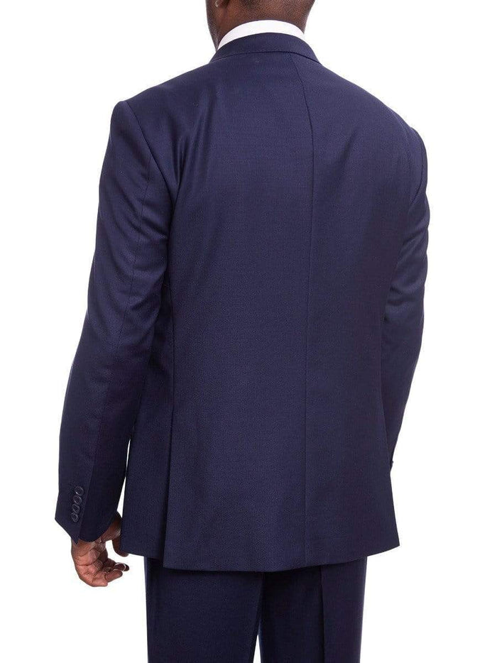 Label M TWO PIECE SUITS Mens Classic Fit Solid Navy Blue Double Breasted Wool Suit Peak Lapels