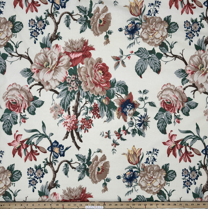 Quadrille Fabric: Hampton Peony - Multi color on Ecru 100% Cotton Glazed Chintz