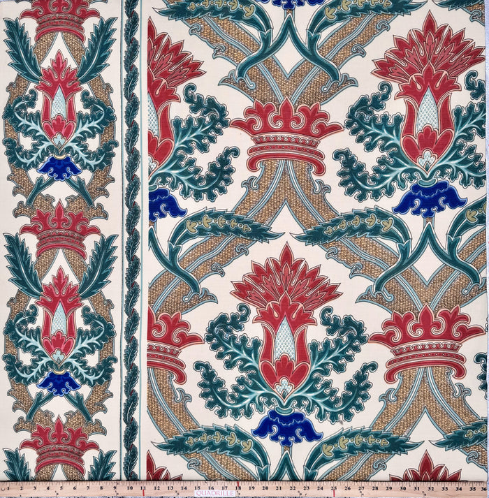 Quadrille Fabric: Medici - Green / Gold / Raspberry on Tinted Custom Cotton / Linen Ground