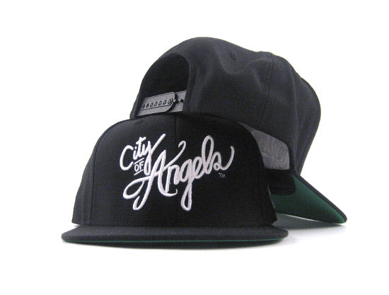 The City Of Angels Snapback Hat (Black White GREEN BOTTOM)