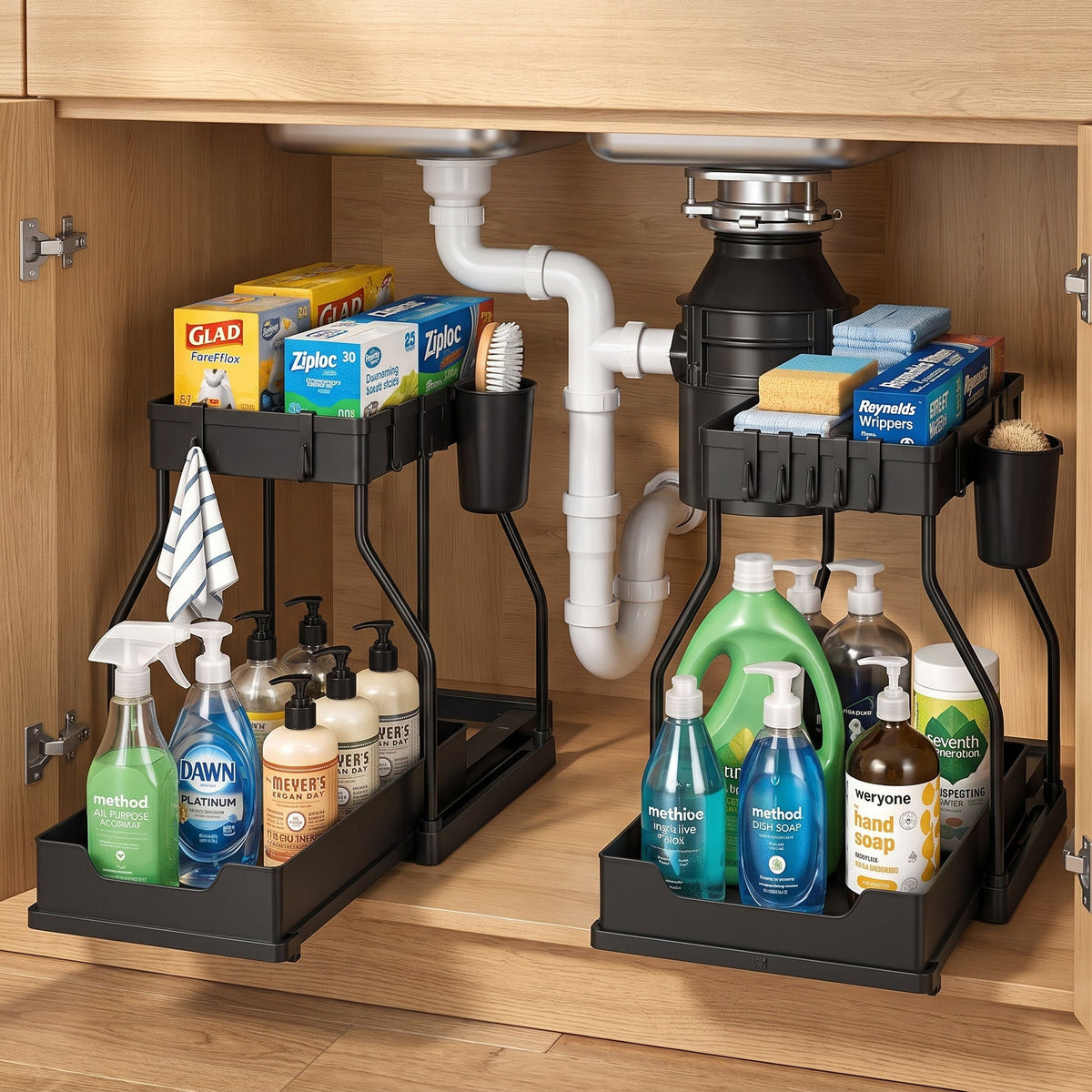 2 Pack 2-Tier Sliding Cabinet Organizer with Hanging Cups, for Kitchen ...