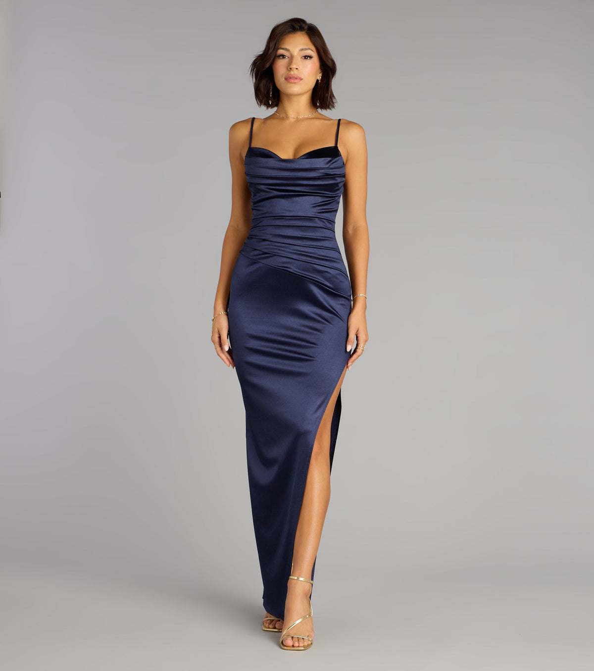 Alessia Satin Cowl Neck Slit Formal Dress