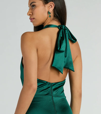 Melina Satin Halter High Slit Column Dress