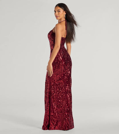 Meara Sequin Velvet Hight Slit Column Dress