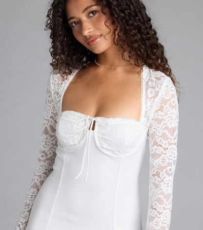 Flirty Factor Lace Long Sleeve Crepe Mini Dress