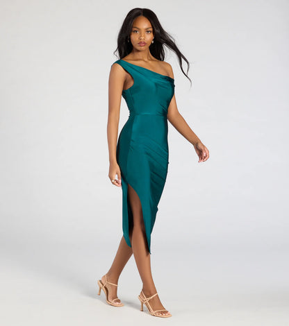 Iconic Silhouette Off-Shoulder High Slit Midi Dress