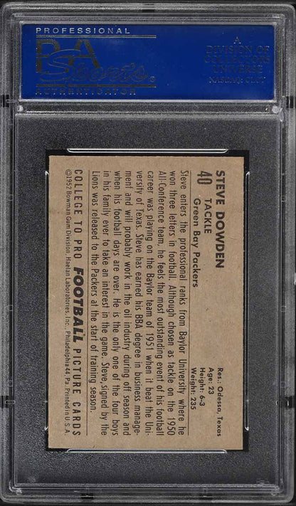 1952 Bowman Small FB Card # 40 Steve Dowden Green Bay Packers ROOKIE RC PSA 7 NM (MGD2)