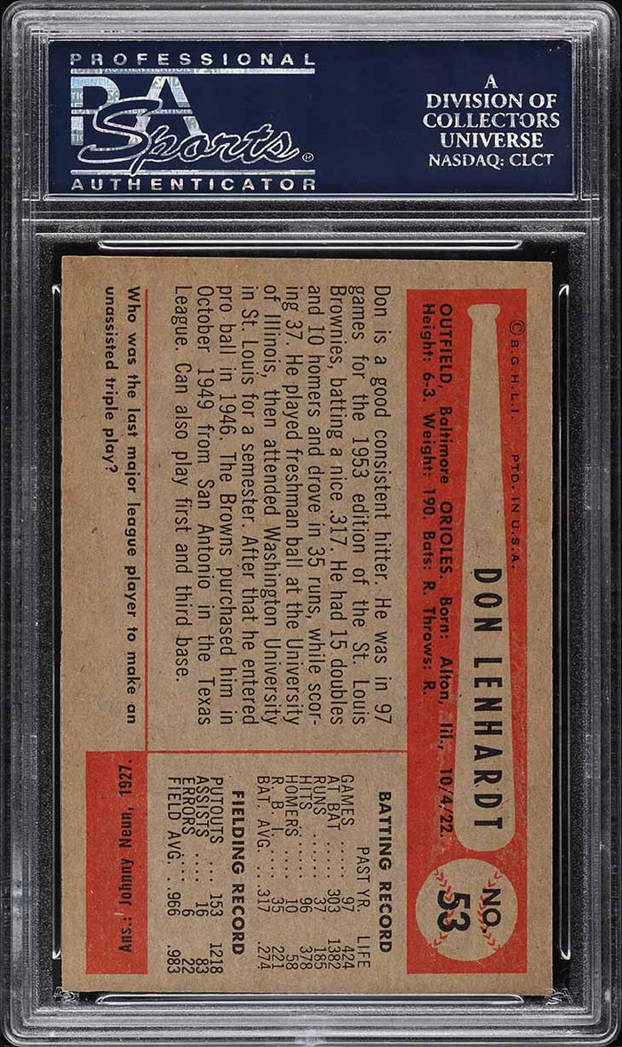 1954 Bowman BB Card # 53 Don Lenhardt Baltimore Orioles .966/983 COR PSA 8 NM-MT (MGD2)