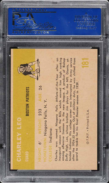 1961 Fleer FB Card #181 Charley Leo Boston Patriots ROOKIE RC PSA 8 NM-MT (MGD2)