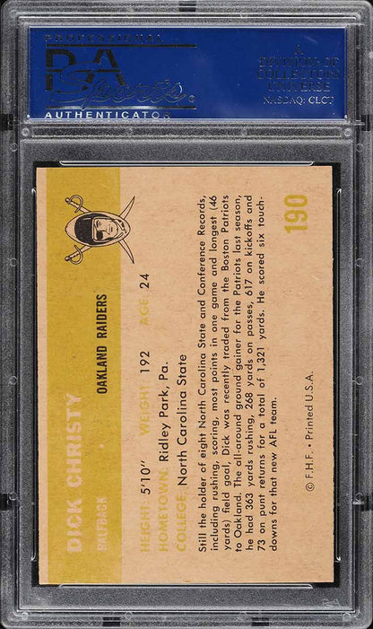 1961 Fleer FB Card #190 Dick Christy Oakland Raiders ROOKIE RC PSA 8 NM-MT (MGD2)