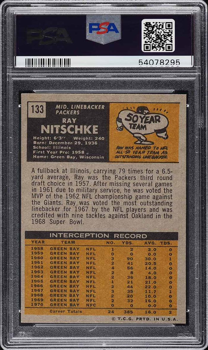 1971 Topps FB Card #133 Ray Nitschke Green Bay Packers HOF PSA 6 EXMT (MGD2)
