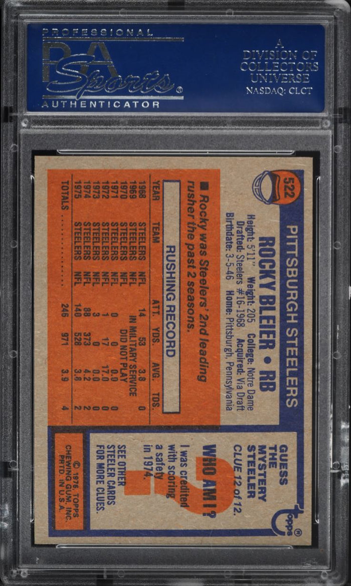1976 Topps FB Card #522 Rocky Bleier Pittsburgh Steelers HOF PSA 8.5 NM-MT+ (MGD2)