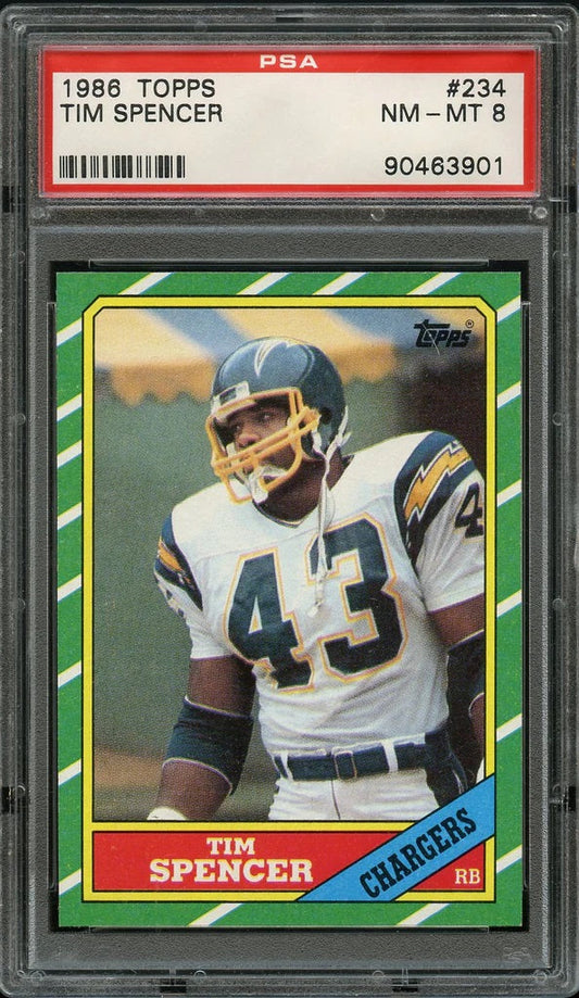 1986 Topps FB Card #234 Tim Spencer San Diego Chargers PSA NM-MT 8 (MGD2)