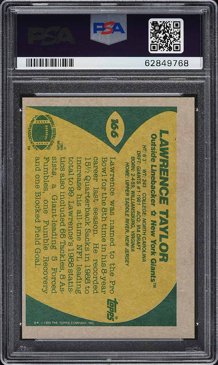 1989 Topps FB Card #166 Lawrence Taylor New York Giants HOF PSA 8 NM-MT (MGD2)