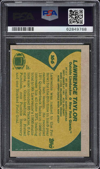 1989 Topps FB Card #166 Lawrence Taylor New York Giants HOF PSA 8 NM-MT (MGD2)