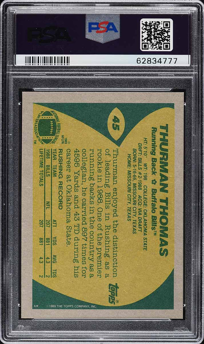 1989 Topps FB Card # 45 Thurman Thomas ROOKIE RC HOF PSA 8 NM-MT (MGD2)