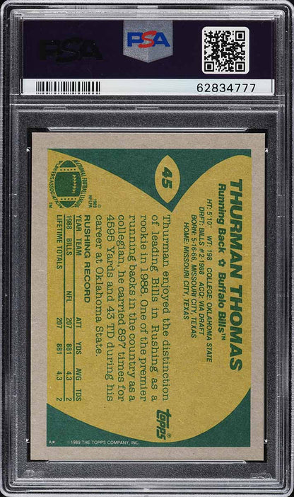 1989 Topps FB Card # 45 Thurman Thomas ROOKIE RC HOF PSA 8 NM-MT (MGD2)