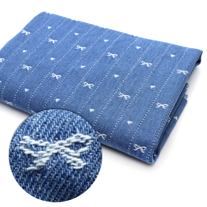 1pc Bowknot Pattern Denim Fabric, 64.96x19.68inch Pre-Cut 100% Polyester, Luxury Bows Striped Design for DIY Crafts, Bags, Sewing Projects & Hats, Hand Wash Only, Sewing Supplies, Craft Fabric | Vintage Style Fabric | Durable Fabric, Denim Fabric