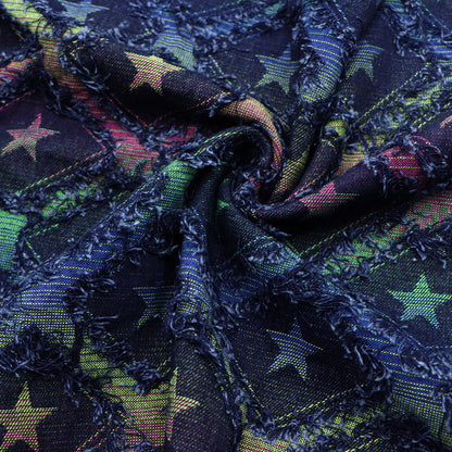 1Pc Plaid Grid Star Pattern Distressed Denim Fabric with Tassels,68.5x19.68inch Pre-cut 100% Polyester Fabric,Luxury Vintage Style,Hand Wash Only,Ideal for DIY Crafts, Bags & Sewing Projects,Hats,Sewing Supplies for Crafts