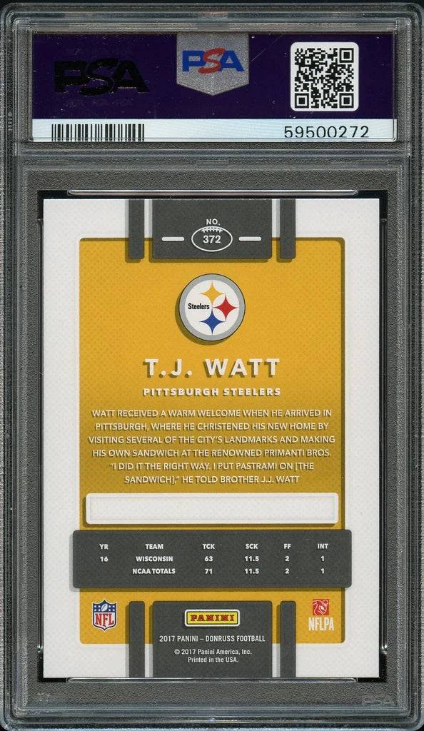 2017 Panini Donruss FB Card #372 TJ Watt ROOKIE RC PSA GEM MINT 10 (MGD2)