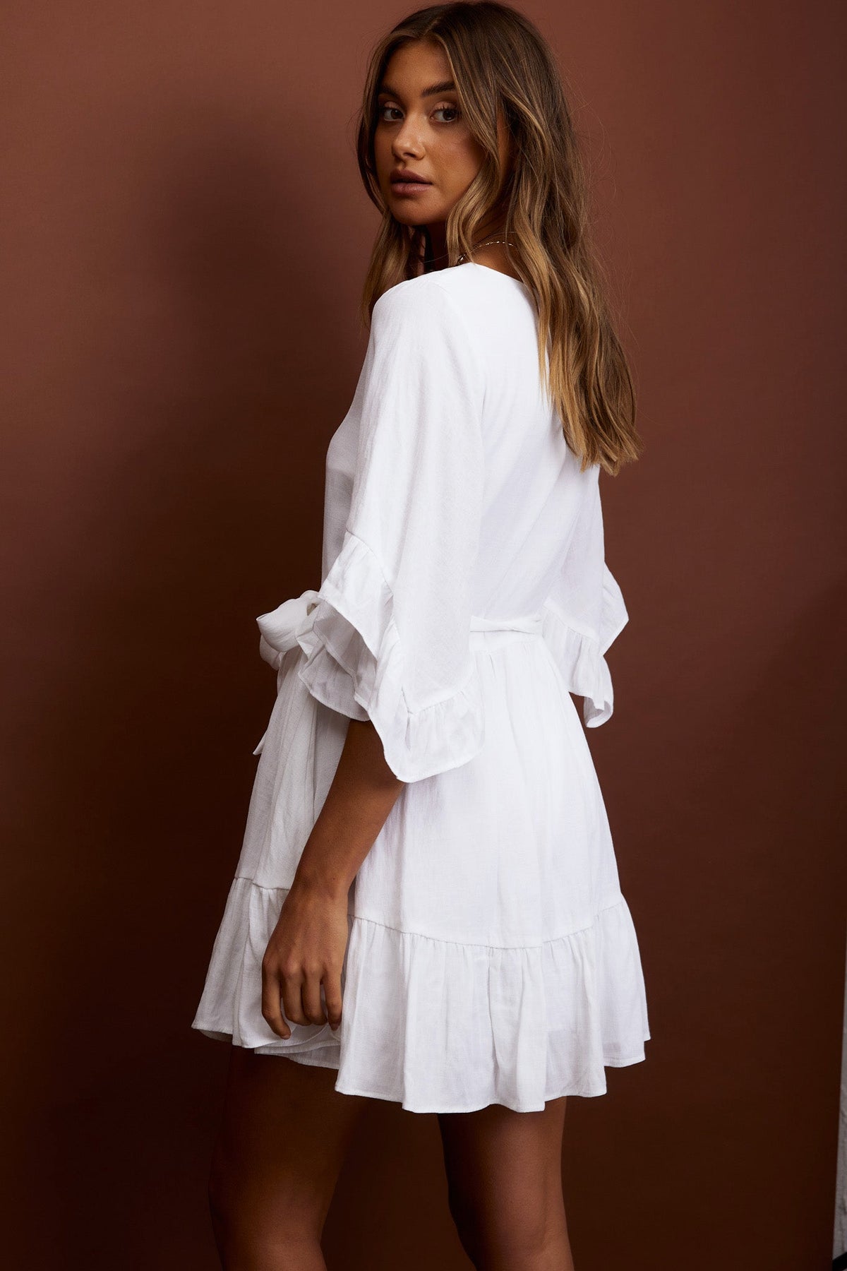 Joni Batwing Sleeve Waist Tie Dress Ruffle White