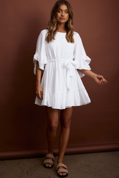 Joni Batwing Sleeve Waist Tie Dress Ruffle White