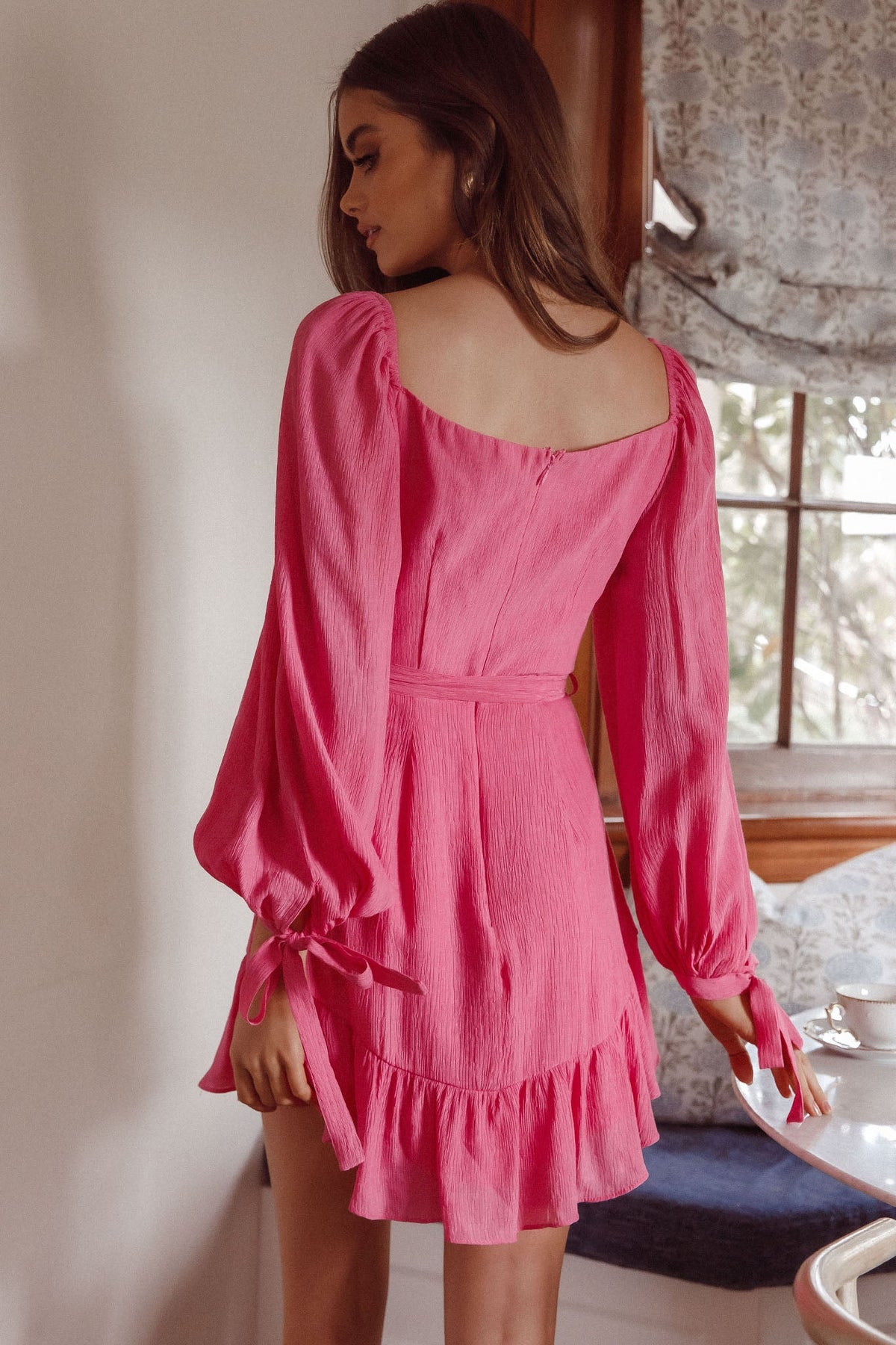 Make Memories Balloon Sleeve Molded Bust Dress Hot Pink