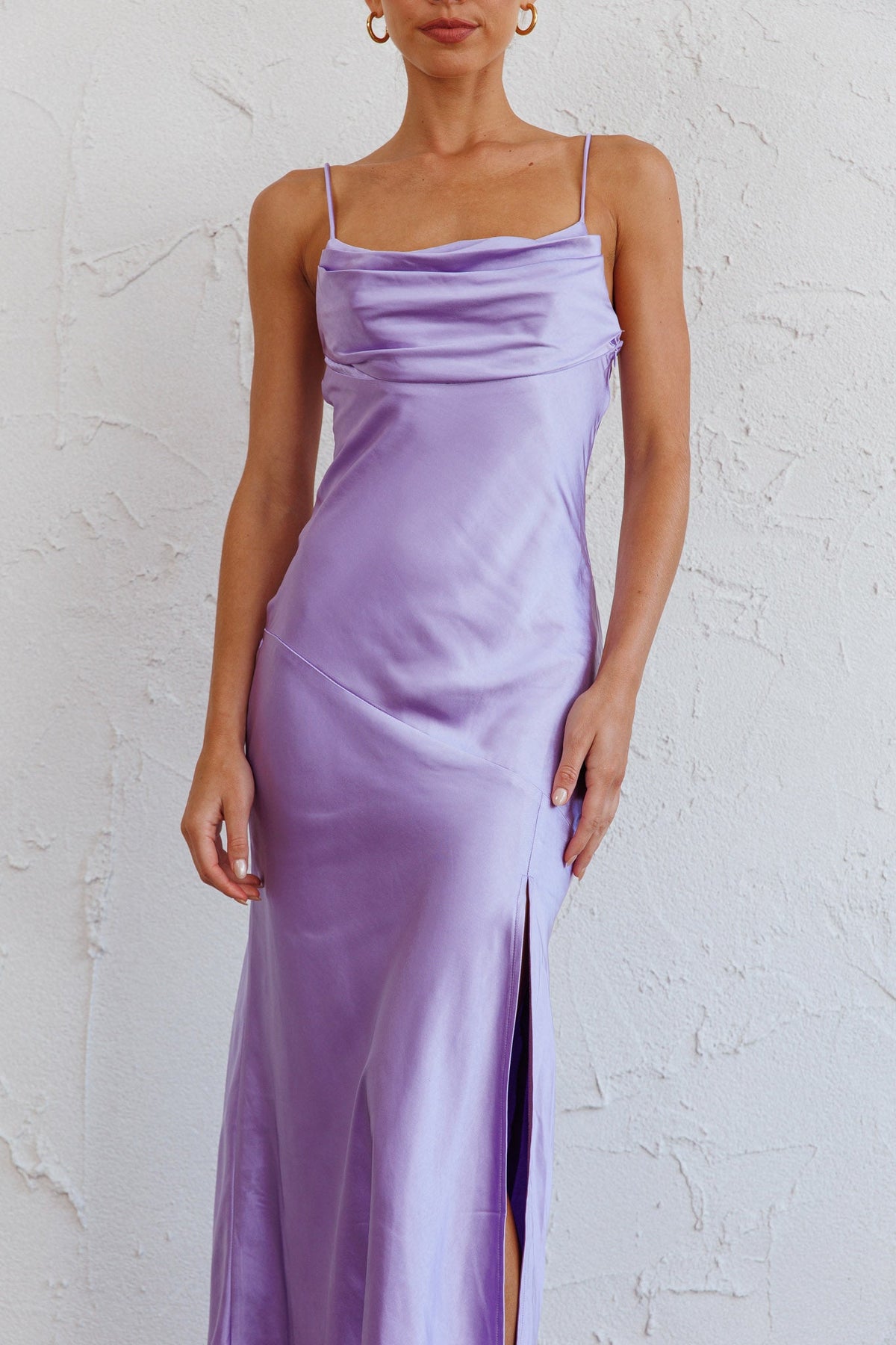 Well Versed Pleated Bust Front Split Dress Lavender