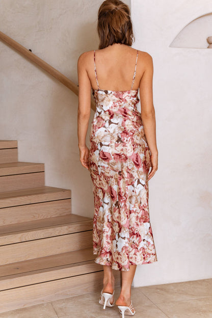 Well Versed Pleated Bust Front Split Dress Floral Abstract Print Rose