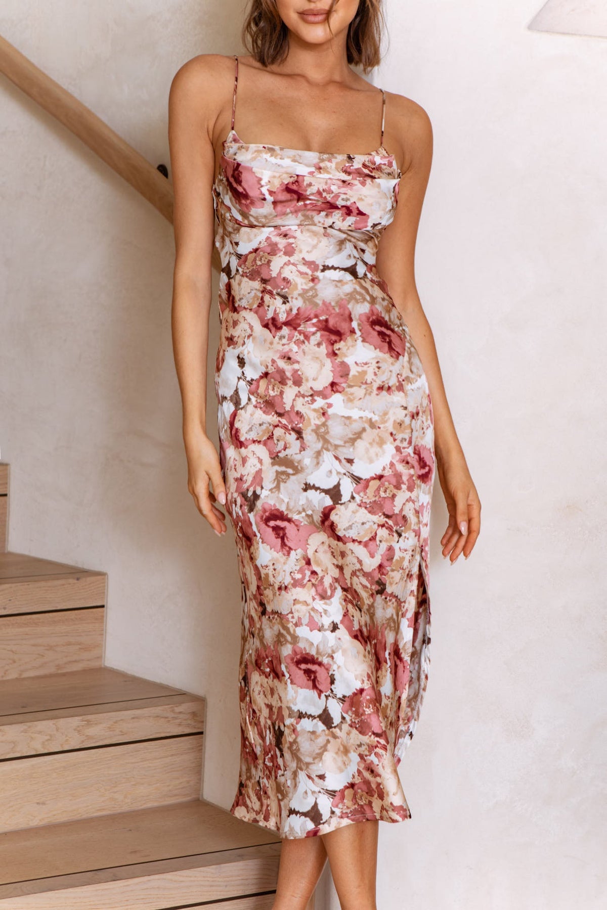 Well Versed Pleated Bust Front Split Dress Floral Abstract Print Rose
