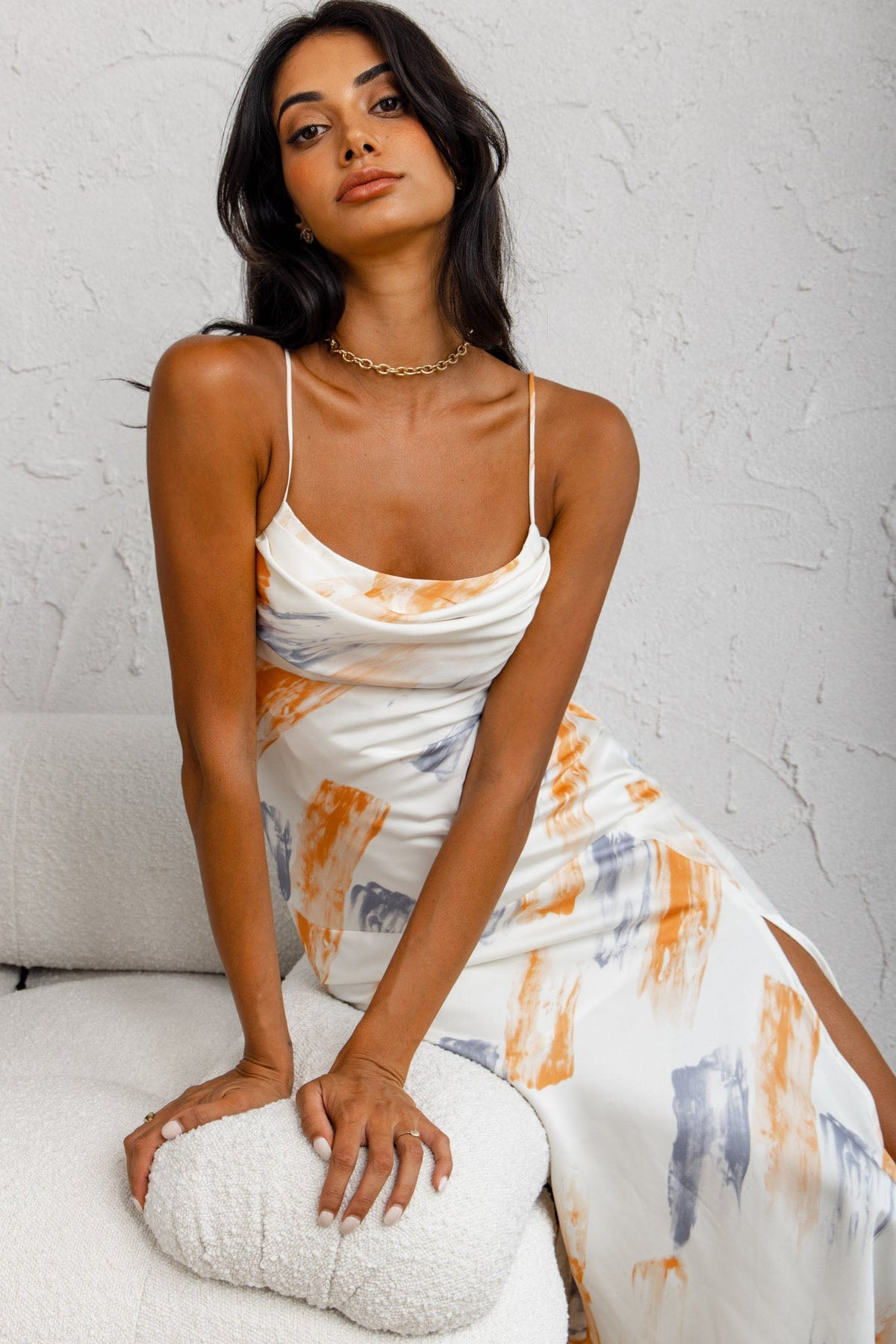 Well Versed Pleated Bust Front Split Dress Paint Print Blue/Orange