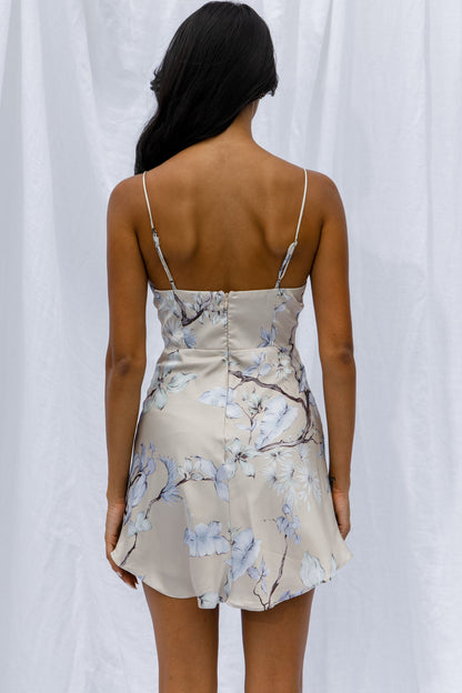 Well Versed Pleated Mini Dress Tropic Floral Print Beige