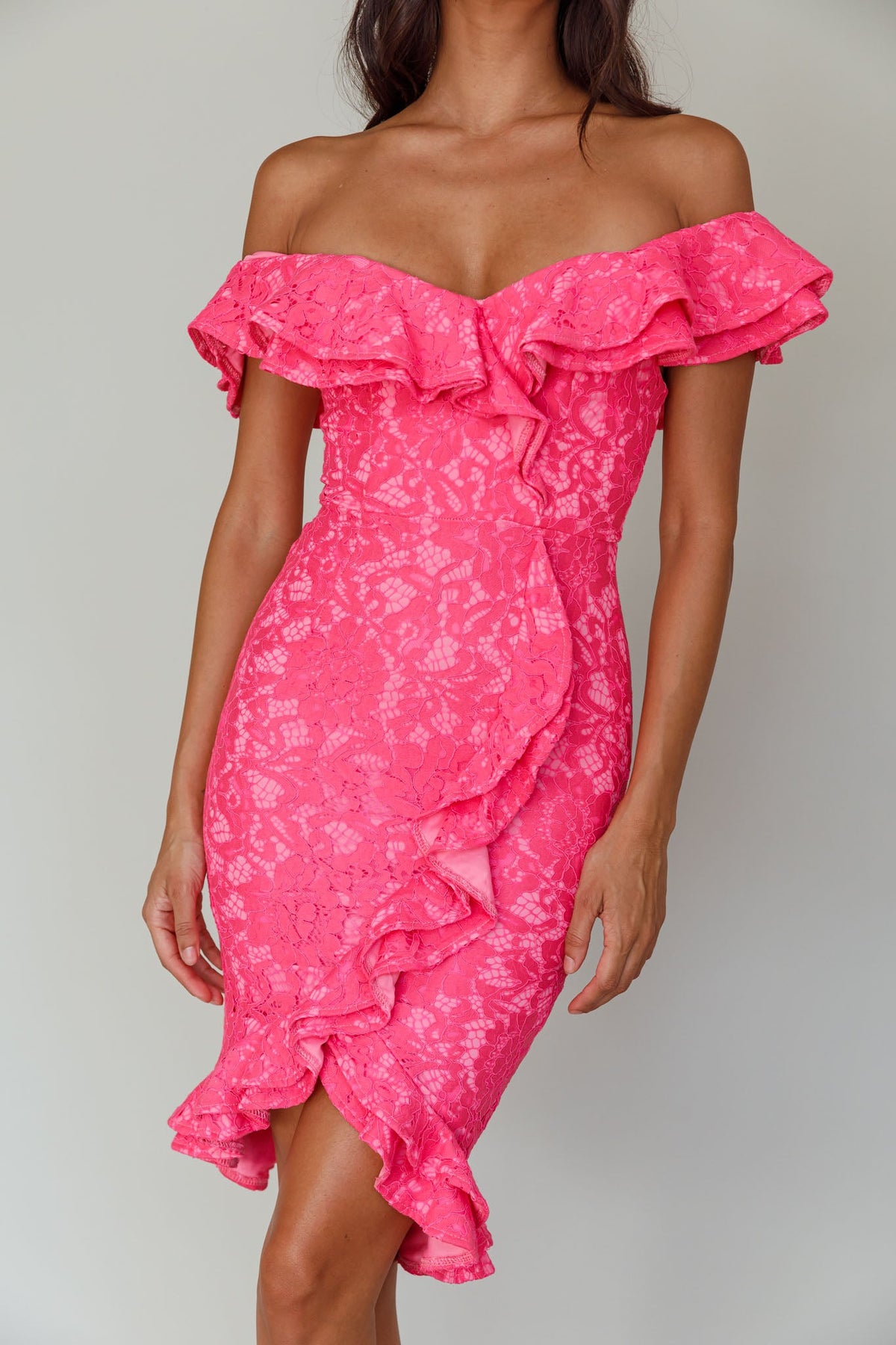 Rossi Off-Shoulder Double Ruffle Lace Dress Hot Pink