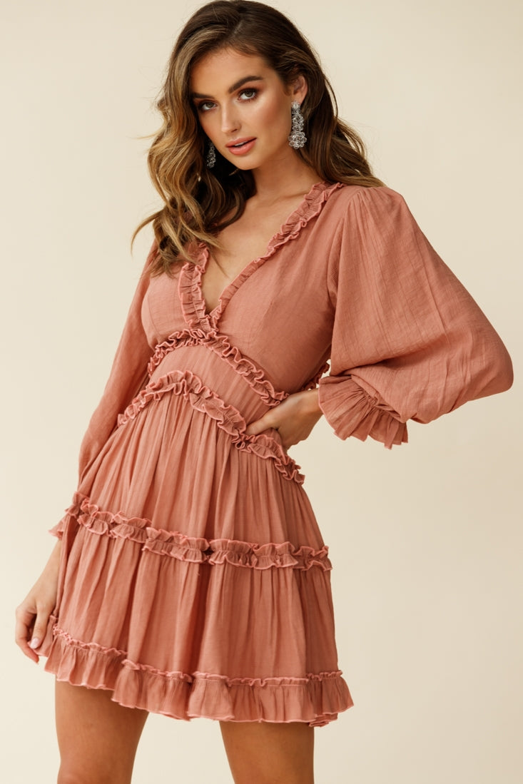 Laney Cutout Back Balloon Sleeve Dress Rose