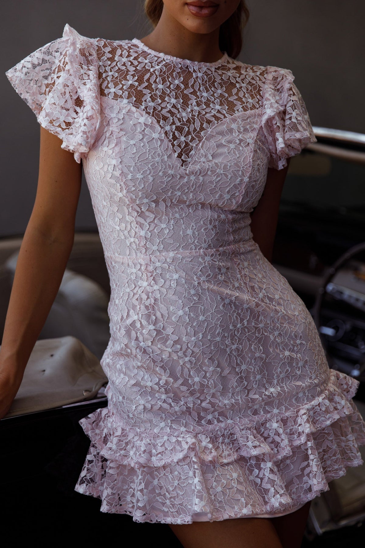 Lark Crew Neck Ruffle Sleeve Dress Lace Overlay Pink