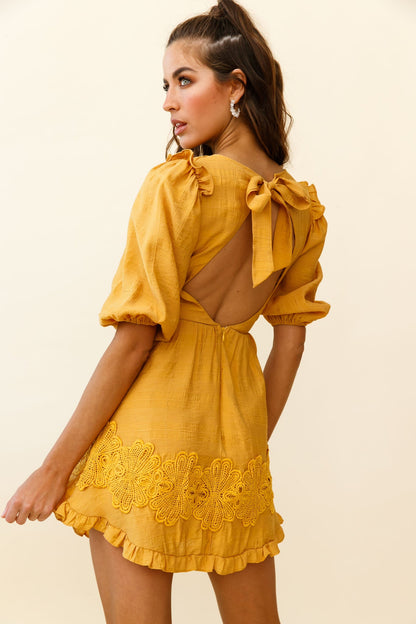Sunday Morning Applique Embellished Open Back Dress Yellow