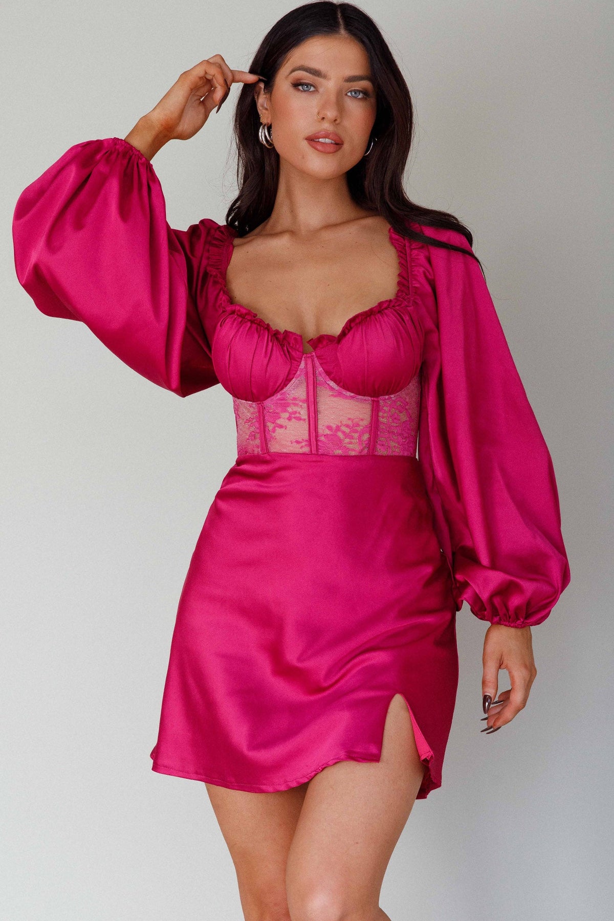 Trophy Long Sleeve Lace Bodice Mini Dress Plum