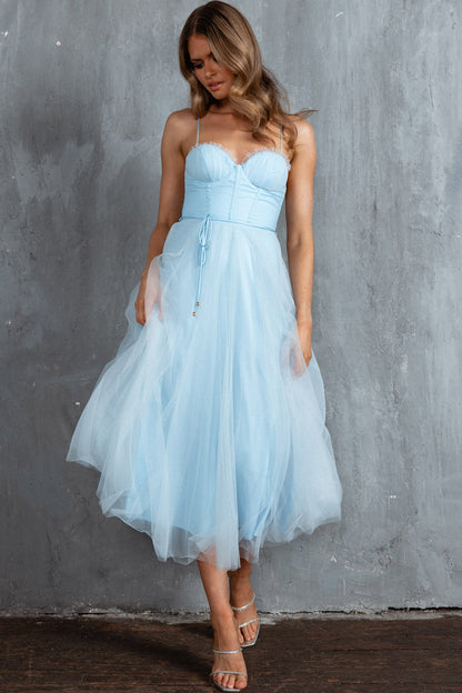 Smitten Sweetheart Neckline Chiffon Midi Dress Blue