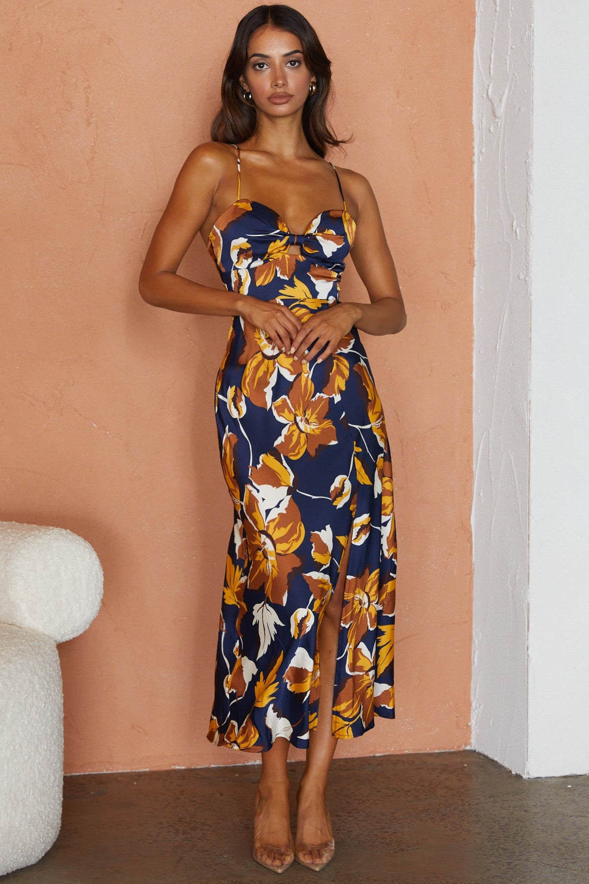 Missoula Cami Strap Padded Bust Midi Dress Floral Print Navy