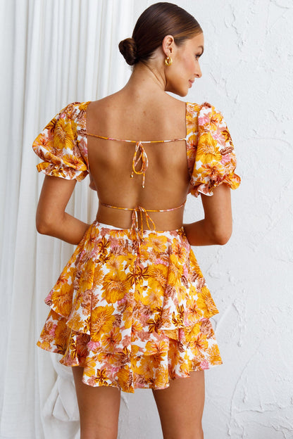 Orianthi Cut-Out Waist Mini Dress Floral Yellow