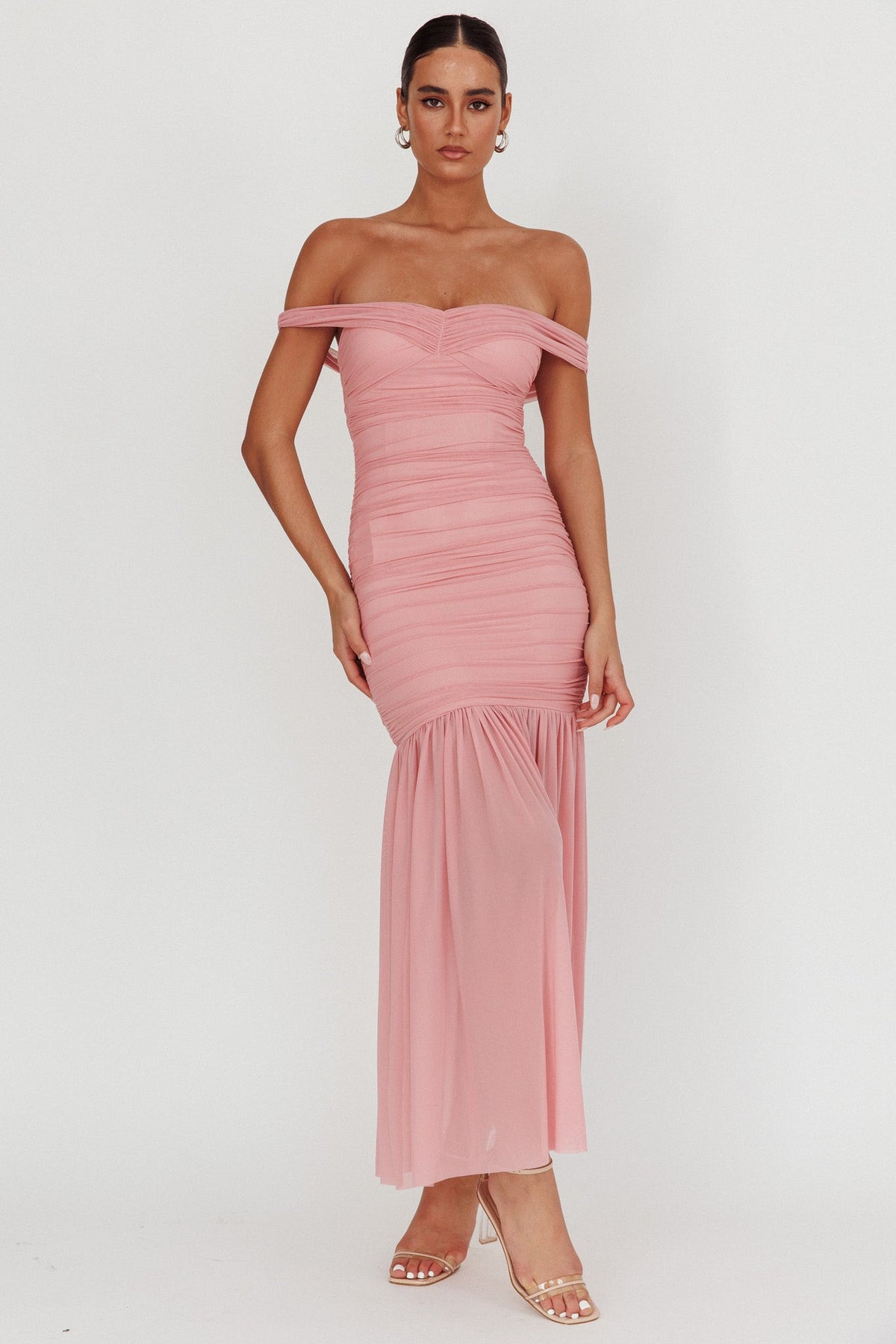 La Salle Off Shoulder Mesh Maxi Dress Pink