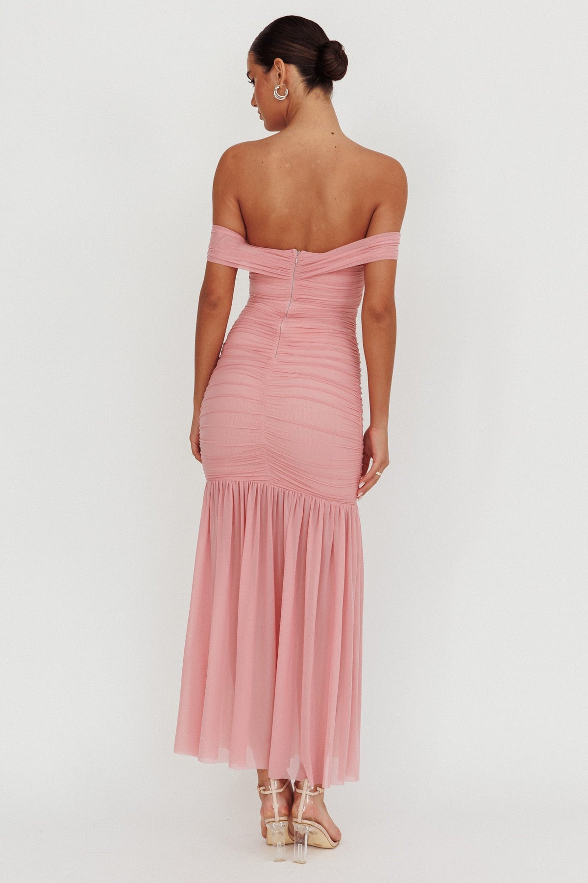 La Salle Off Shoulder Mesh Maxi Dress Pink