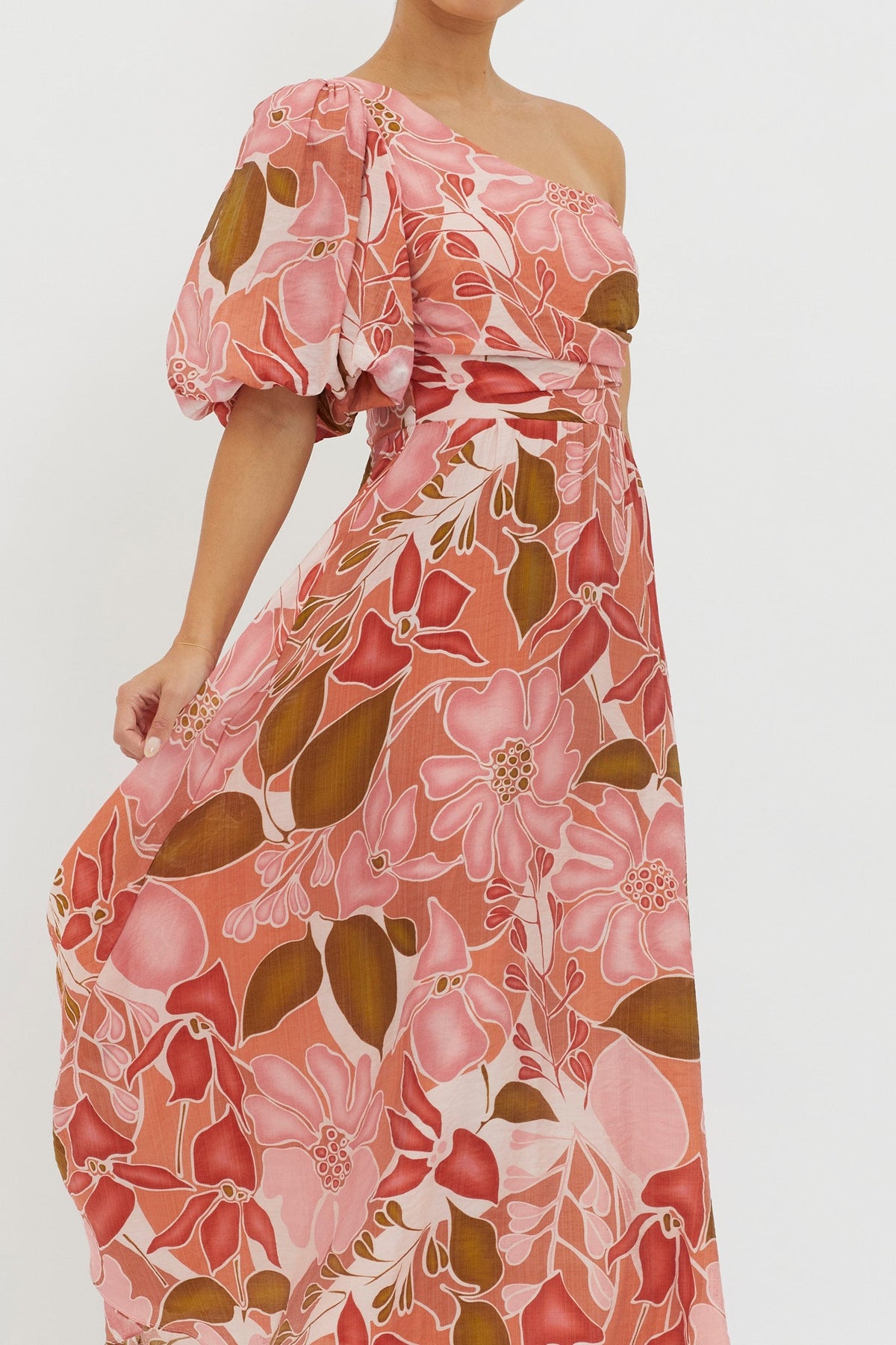 Jayni Puffed One Shoulder Midi Dress Red